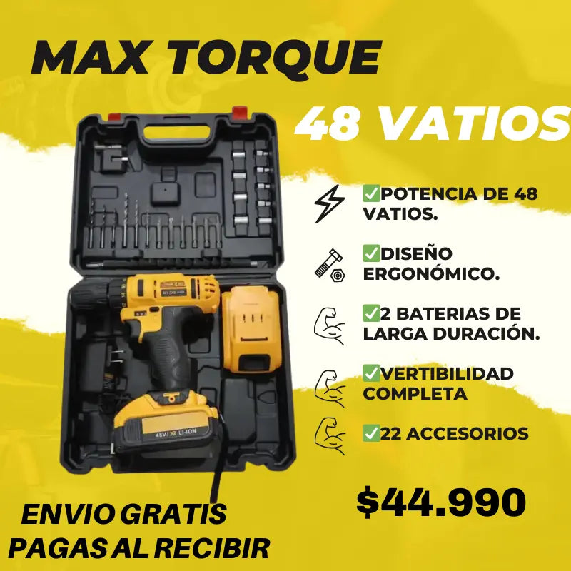 taladro inalámbrico MaxTorque  48 vatios de potencia.